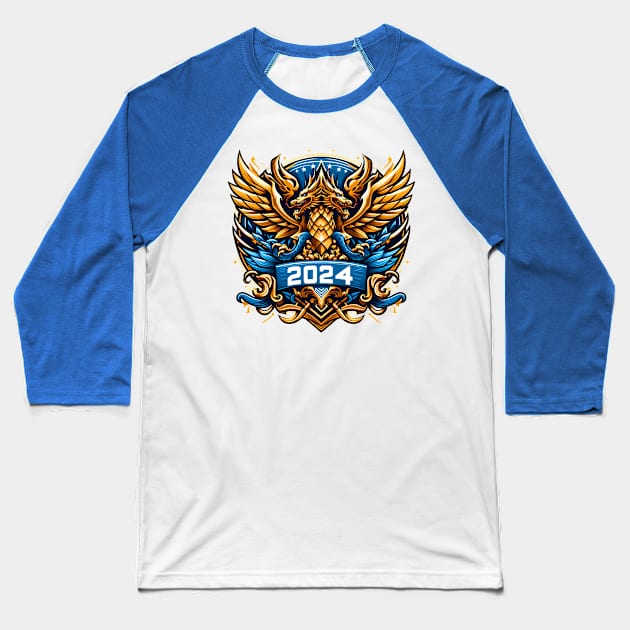 Wooden Gold Blue Dragon 2024 No.5 Baseball T-Shirt by Fortuna Design